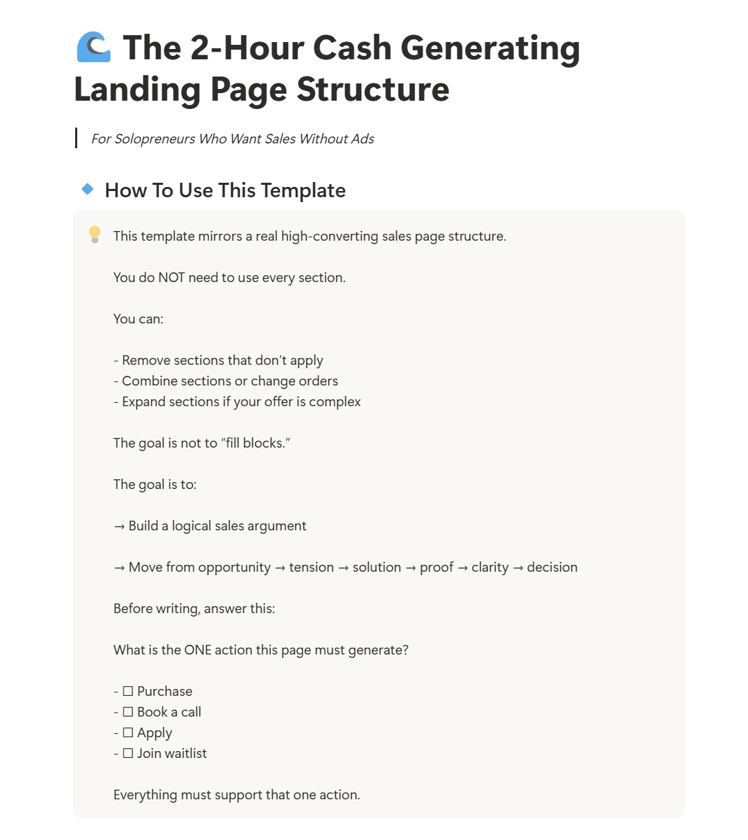 Landing page template guide preview