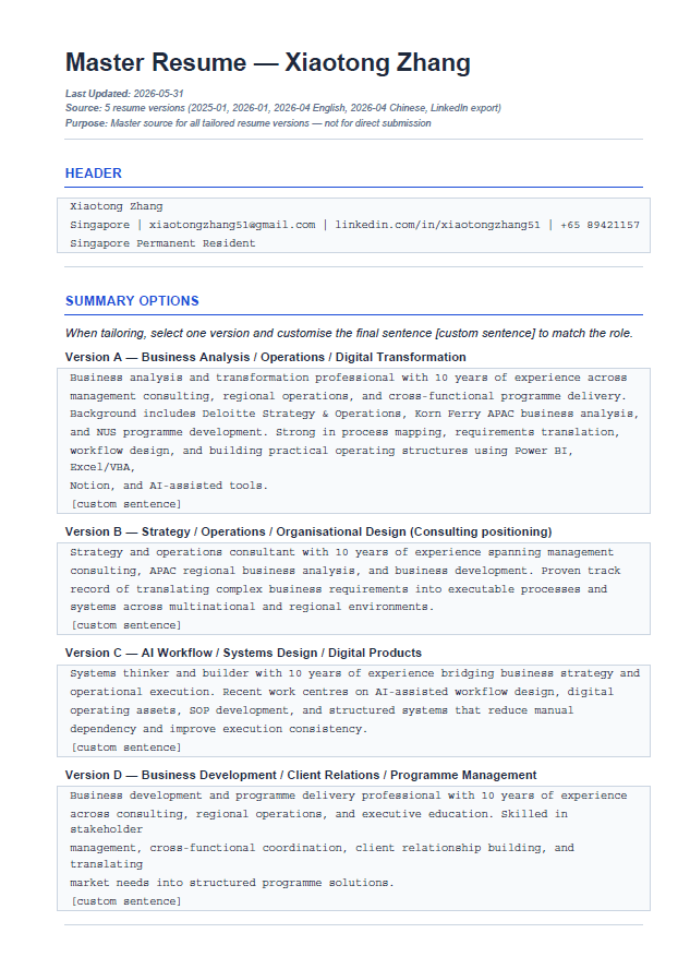Master Career Profile sample — Summary Options