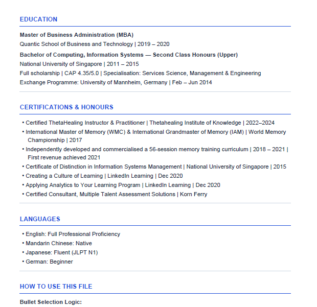 Master Career Profile sample — Education & Certifications