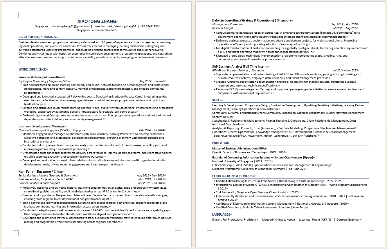 Sample targeted resume for AM Learning and Alumni role