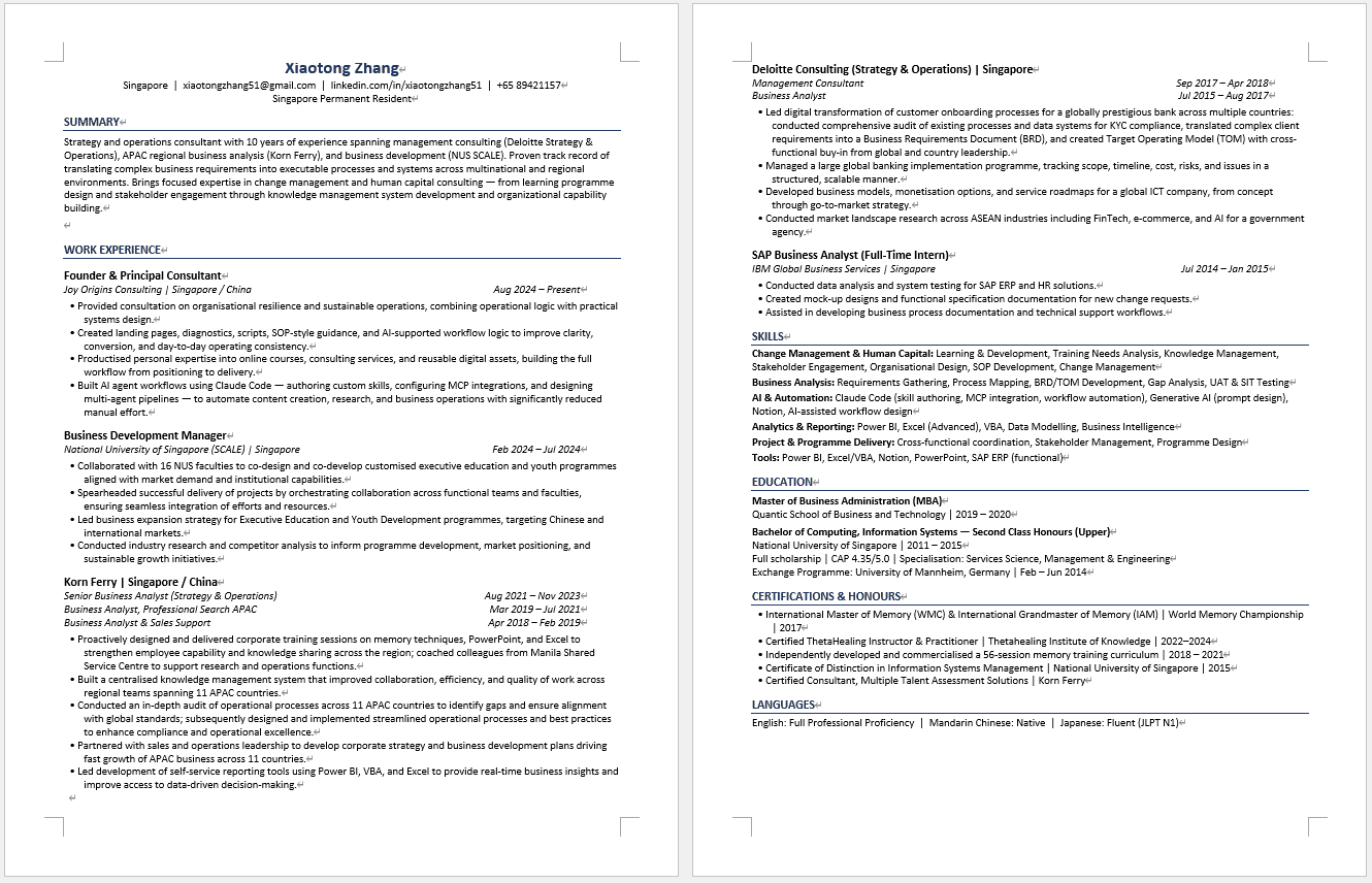 Sample targeted resume for Management Consultant Change Management role